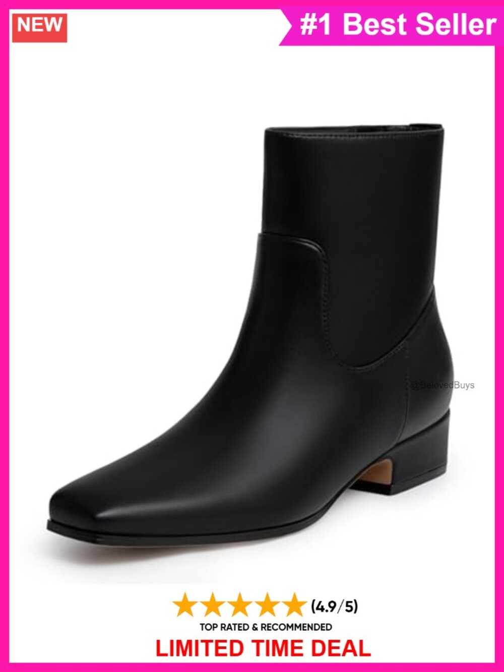 Chunky Low Heel Square Toe Ankle Booties with Side Zipper Faux Leather Boots
